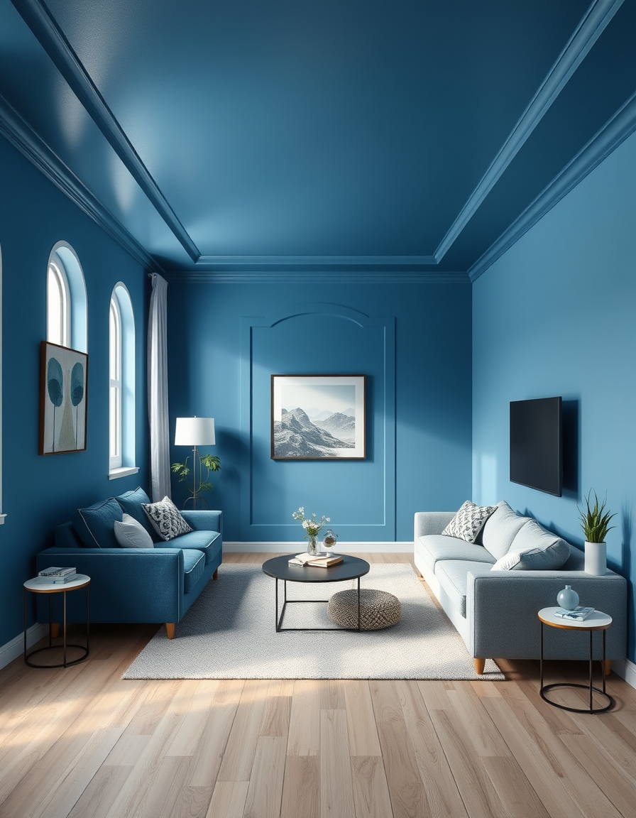 Paint Color idea: room repainted in a new wall color from the photo, accurate paint finish, photorealistic interior render, A small living room with sky blue walls and