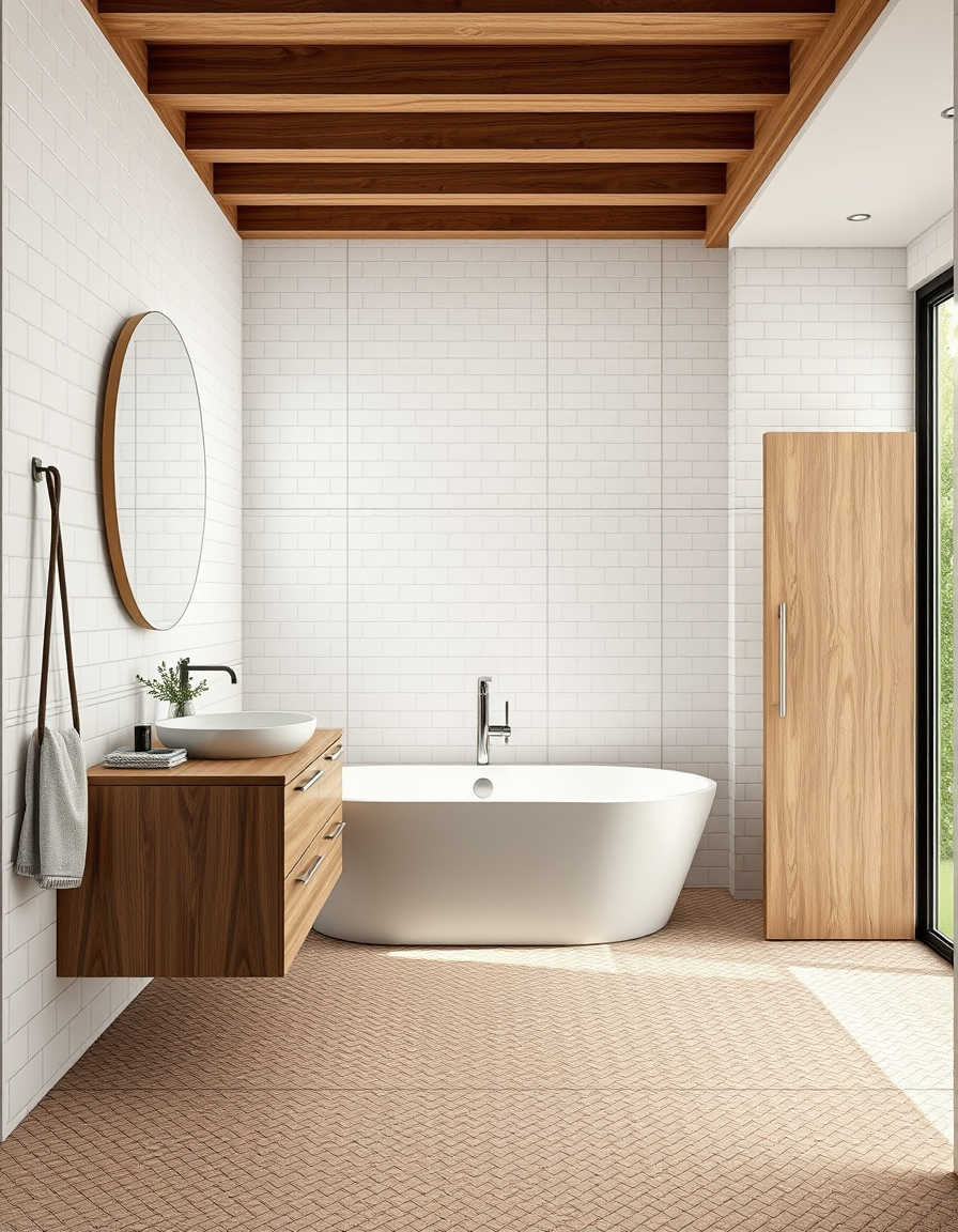 Bathroom Design idea: AI bathroom design, tiled surfaces vanity and fixtures, photorealistic interior render, salle de bain japandi avec meuble vasque en bois, murs blancs,