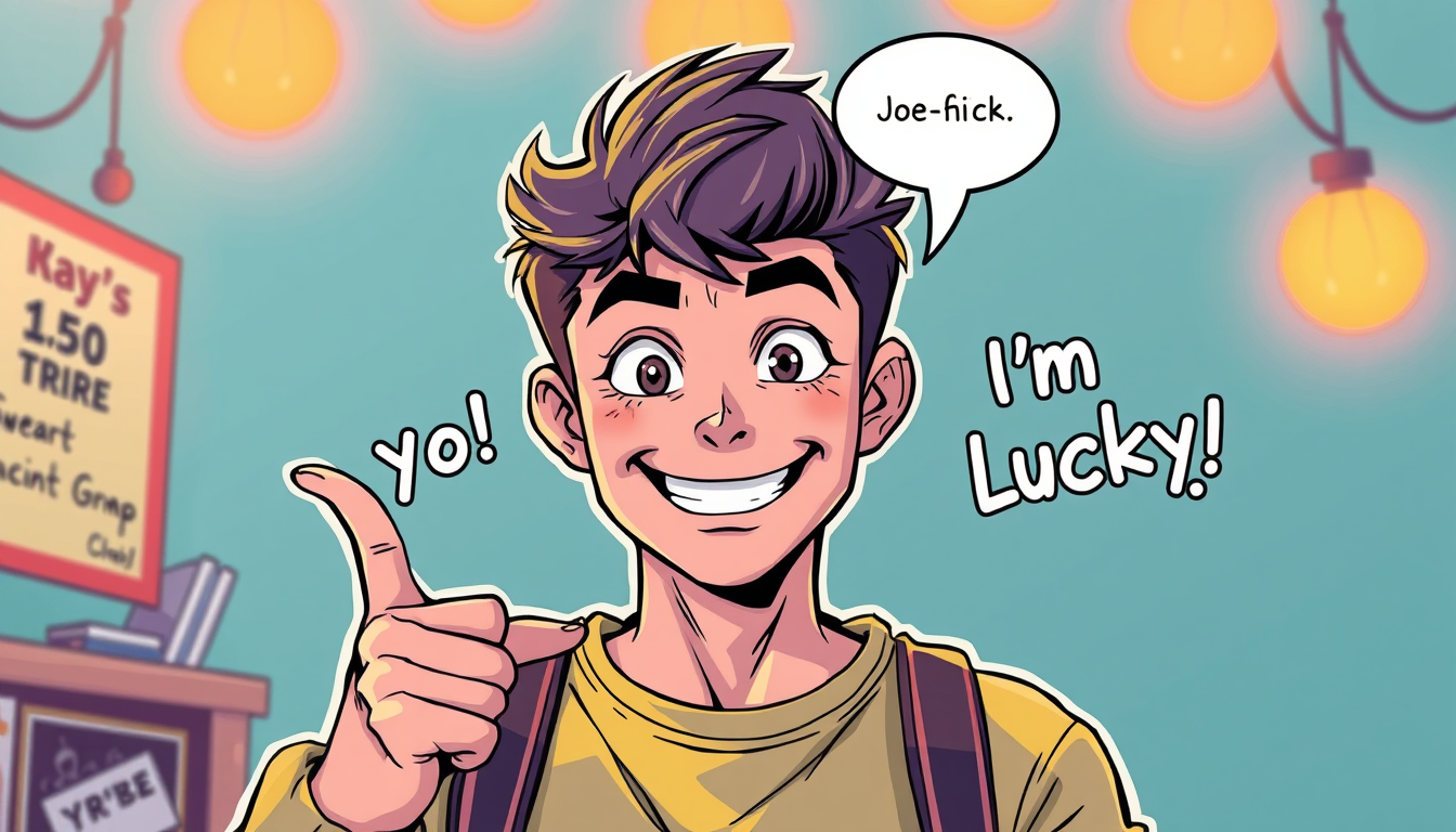 Main painting studio: Lucky, a confident teenage boy, points at himself with a funny expression and says, “Hey, yo! I’m Lucky!” Colorful comic, bold ink outlines, expressiv