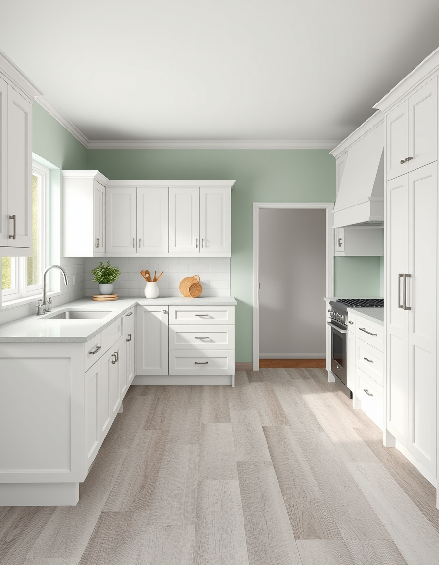Paint Color idea: room repainted in a new wall color from the photo, accurate paint finish, photorealistic interior render, White cupboards with sea-green countertops a