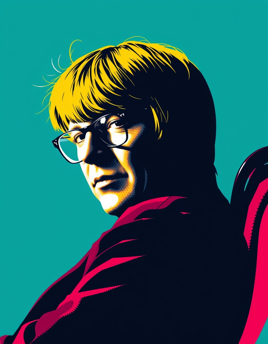 Pop Art idea: pop art style, bold flat colors, Ben-Day dots, comic-book half-tone, high-contrast subject, Aktuelles bild von Steven hawking im rollstuhl , inspired 