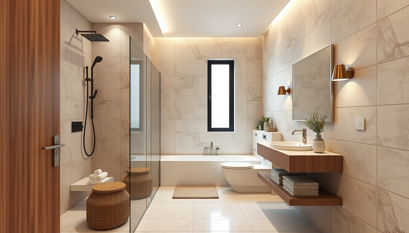 Interior Design idea: AI interior design, cohesive furniture layout decor and lighting, photorealistic interior render, Timeless clean bathroom Italy shower 5 feet Nice til