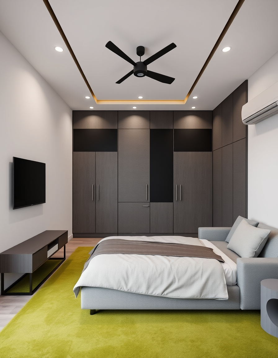 Bedroom Design idea: AI bedroom design, bed layout decor and lighting, photorealistic interior render, une chambre de 25m2 entièrement équipée. murs blancs, rideaux gris,