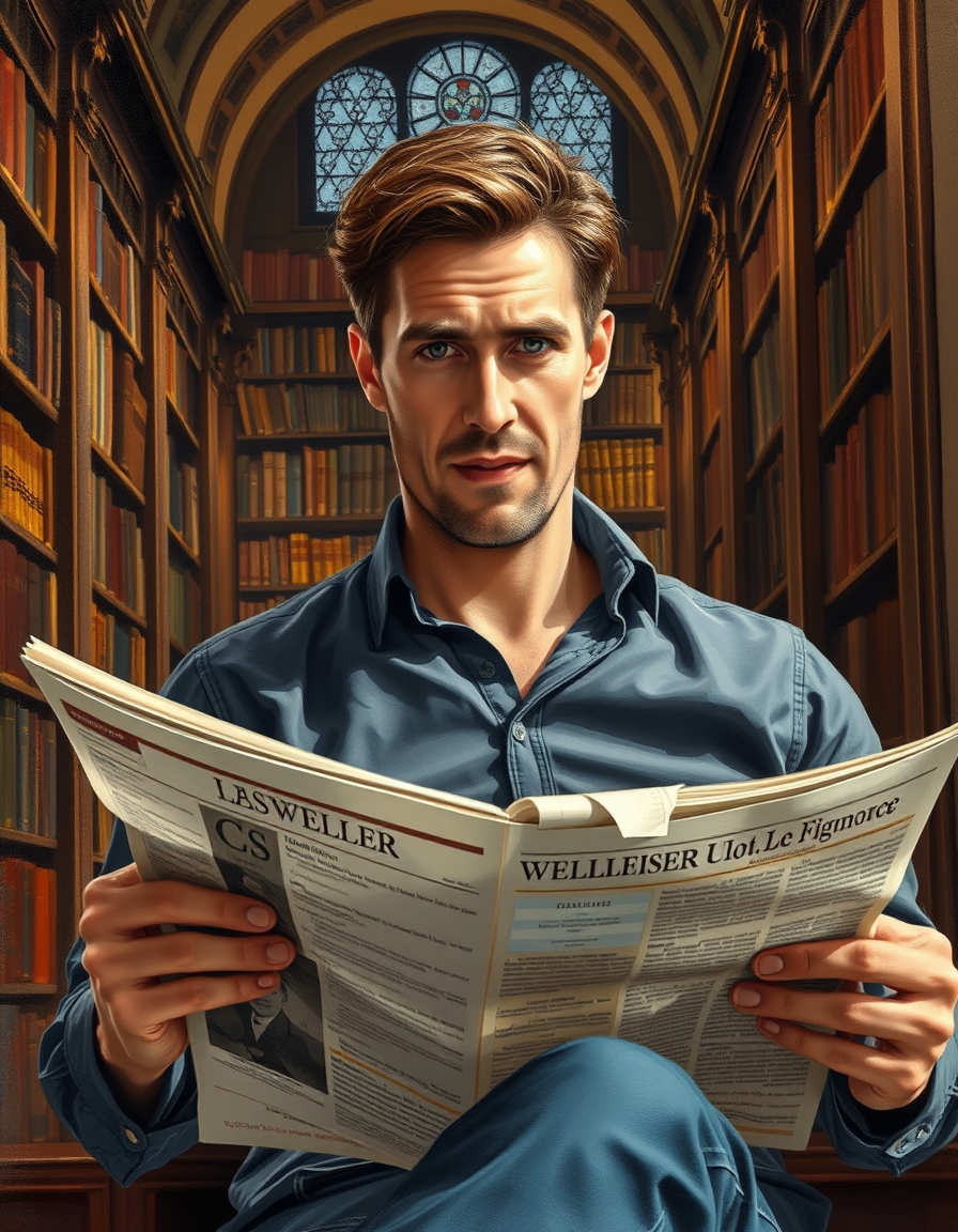 Turn Photo Into Paintings idea: a source photo redrawn with visible physical brushwork, deliberate composition, 45 year old handsome man, slim, brown hair, reading newspaper in a lib