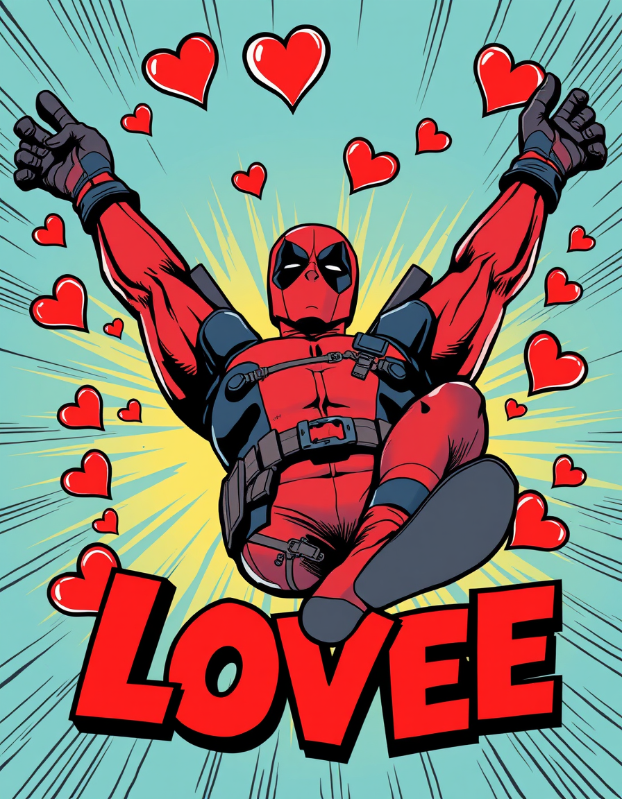 Comic Art idea: comic art, bold ink lines, halftone shading, dynamic composition, A cheeky comic-book illustration of Deadpool lying dramatically on his back, legs sp