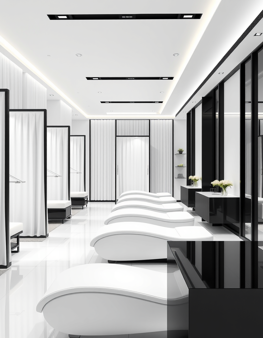 Interior Design idea: AI interior design, cohesive furniture layout decor and lighting, photorealistic interior render, Design a minimalist black-and-white lash salon named