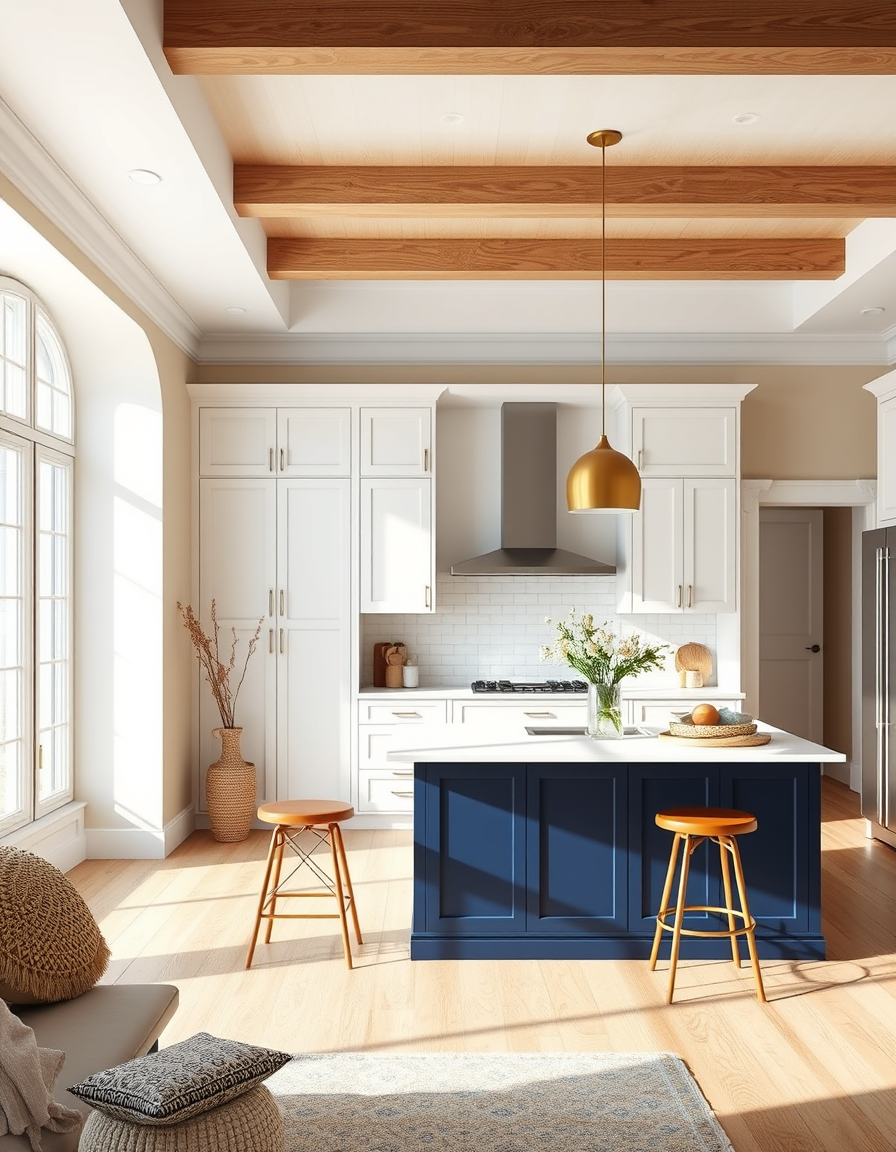 Paint Color idea: room repainted in a new wall color from the photo, accurate paint finish, photorealistic interior render, a kitchen with warm white walls and a navy b