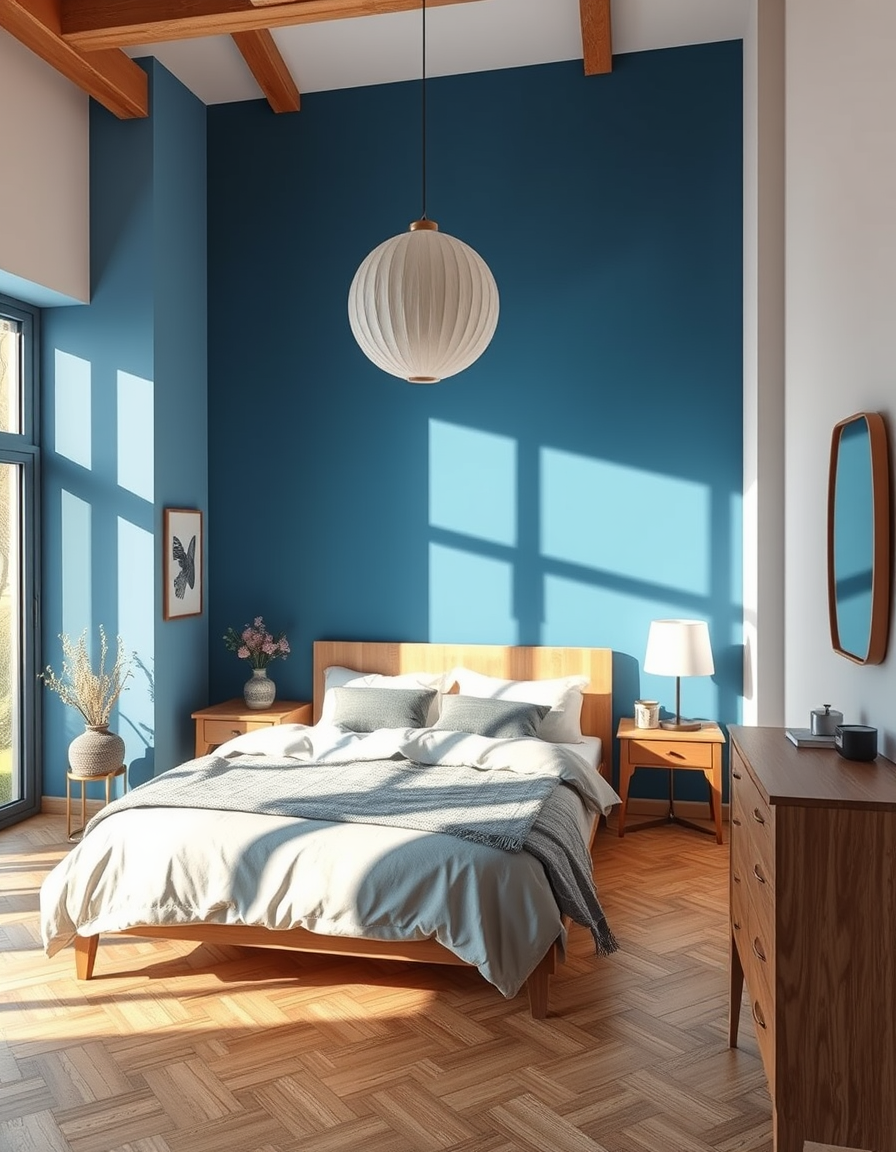 Paint Color idea: room repainted in a new wall color from the photo, accurate paint finish, photorealistic interior render, ein Schlafzimmer mit staubigem Blau an den W