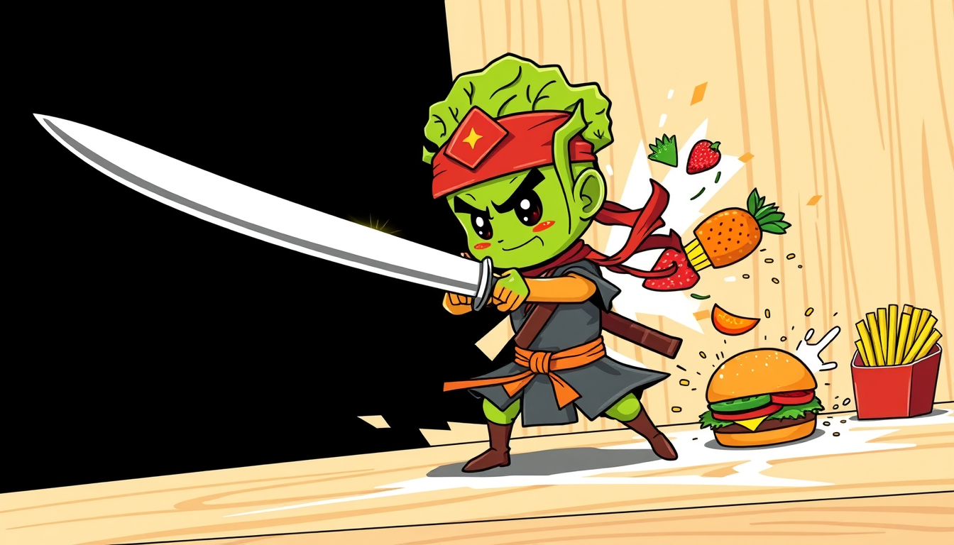 Comic Art idea: comic art, bold ink lines, halftone shading, dynamic composition, 3D cartoon game banner, wide 16:9. A cute, determined samurai with a green lettuce h