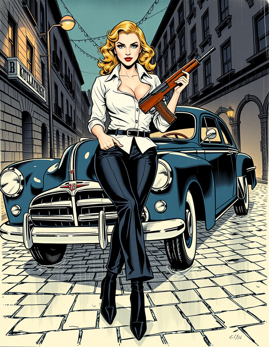 Comic Art idea: comic art, bold ink lines, halftone shading, dynamic composition, 1940s noir comic book cover illustration of a confident blonde woman perched on the 