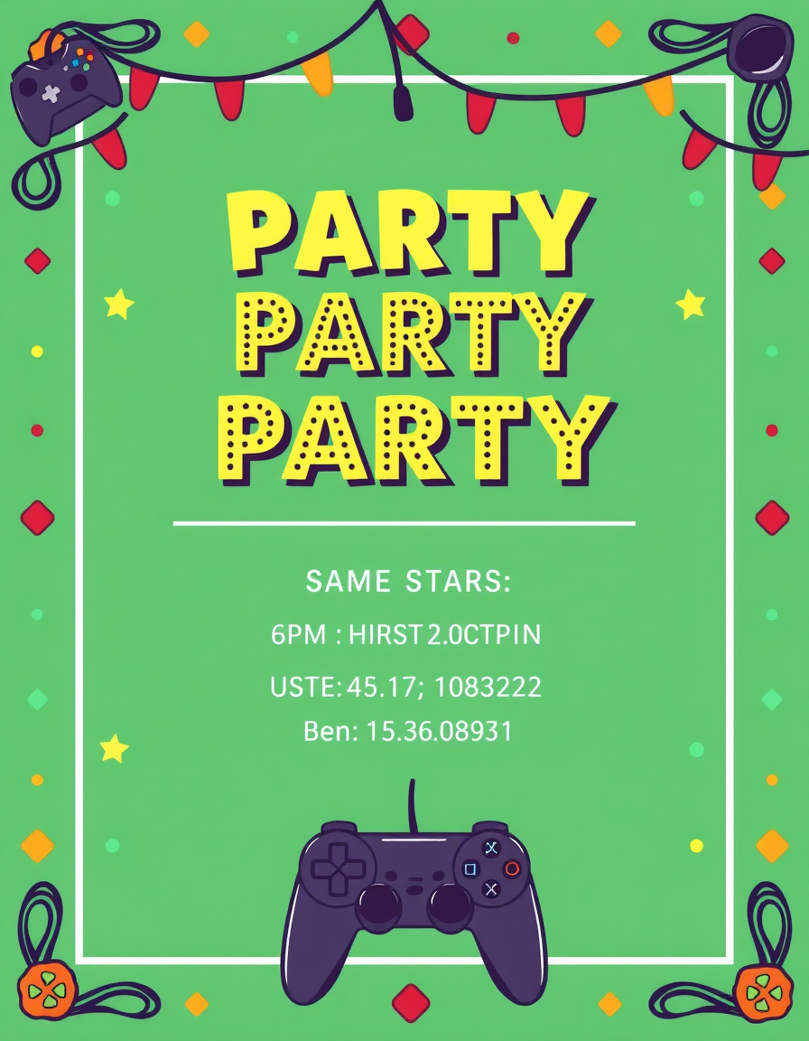 Invitation idea: party invitation design, festive layout, decorative border, space for event details, Video game theme. Birthday invitation. , printable invitation
