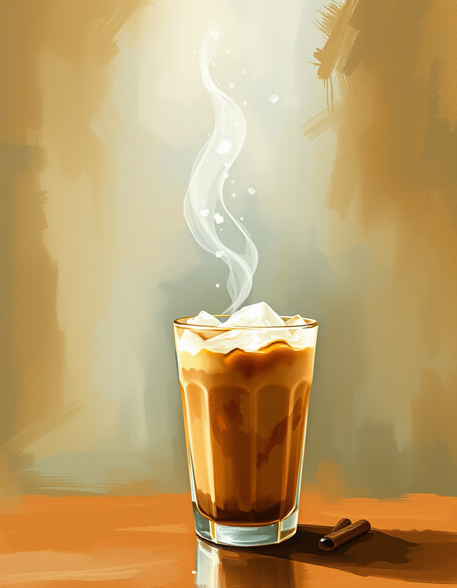 Main painting studio: impressionist iced coffee, loose visible brushstrokes.