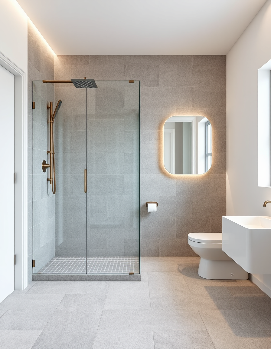 Bathroom Design idea: AI bathroom design, tiled surfaces vanity and fixtures, photorealistic interior render, Luxury minimalist bathroom mood board. Large shower raised 30
