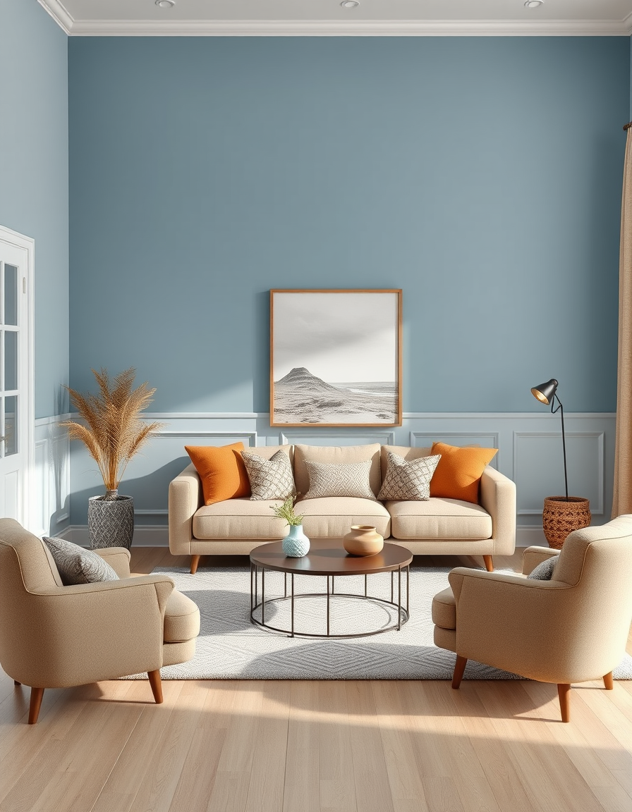 Paint Color idea: room repainted in a new wall color from the photo, accurate paint finish, photorealistic interior render, a living room painted in soft blue and sandy
