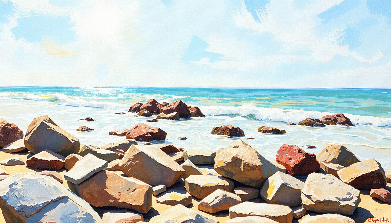 Photo To Oil Paintings idea: a photo repainted with layered color, directional strokes, and canvas texture, deliberate composition, beach rocks sunny day , polished painting, cohe