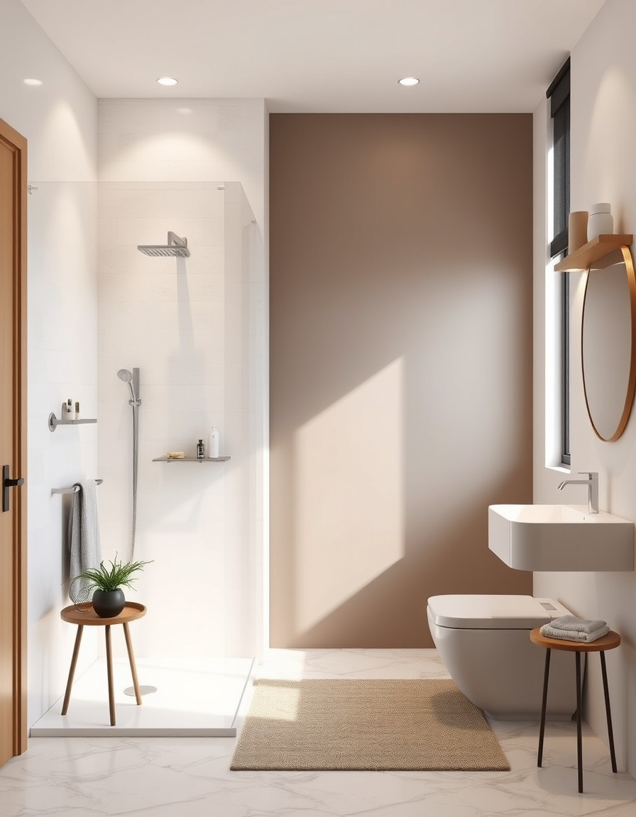 Interior Design idea: AI interior design, cohesive furniture layout decor and lighting, photorealistic interior render, Timeless clean bathroom with Italian shower and sing