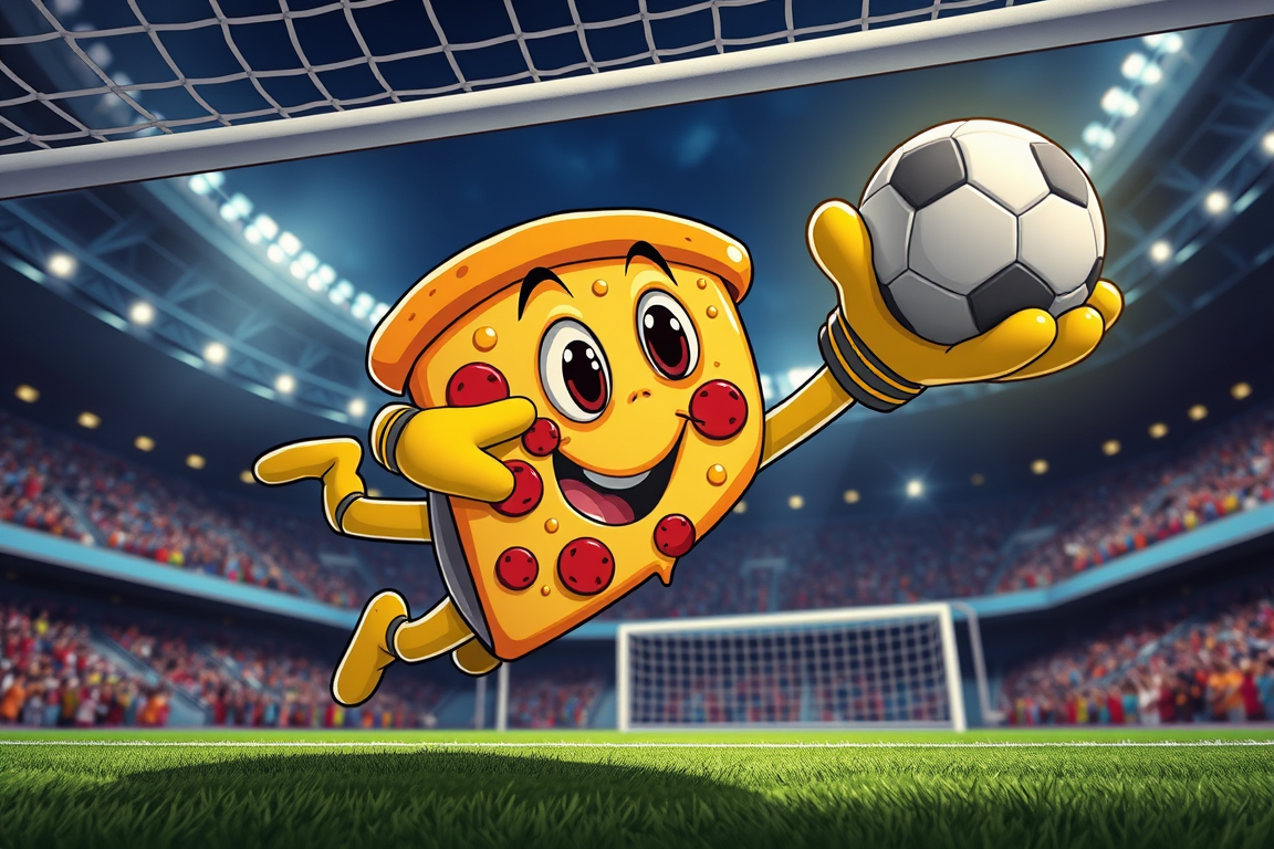 Comic Art idea: comic art, bold ink lines, halftone shading, dynamic composition, 3D cartoon render, cute pizza slice character as a football goalkeeper diving to sav