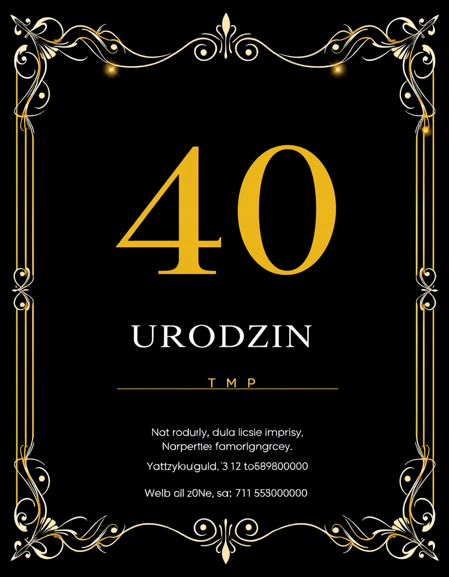 Invitation idea: party invitation design, festive layout, decorative border, space for event details, zaproszenie na 40 urodziny, eleganckie, czarne tło, złote litery