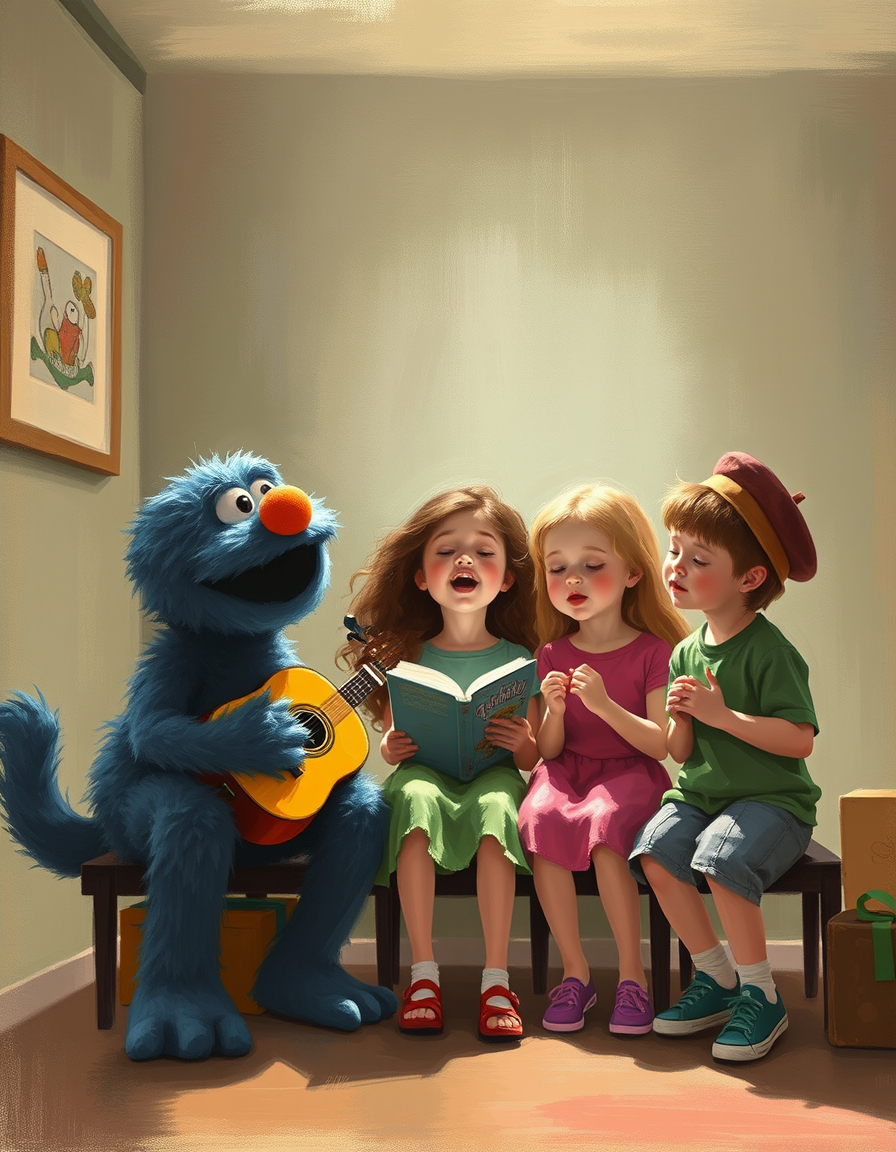 Turn Photo Into Paintings idea: a source photo redrawn with visible physical brushwork, deliberate composition, Kids sing with elmo chantylla grace aj emily and kenny , polished pain