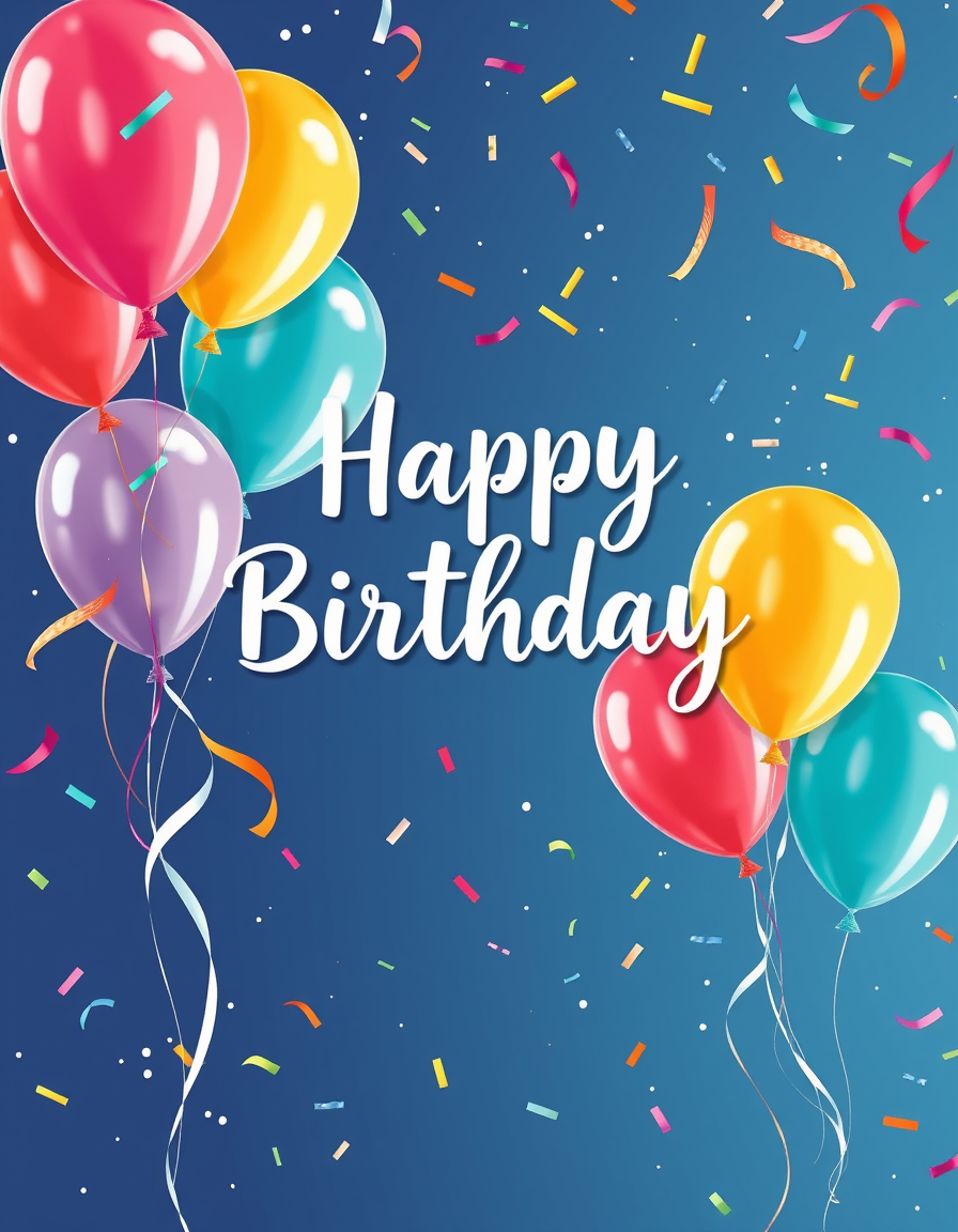 Birthday Cards idea: birthday card design, cheerful festive artwork, space for greeting, bunte Luftballons und Konfetti, Aquarell-Stil, fröhlich und festlich , printable b
