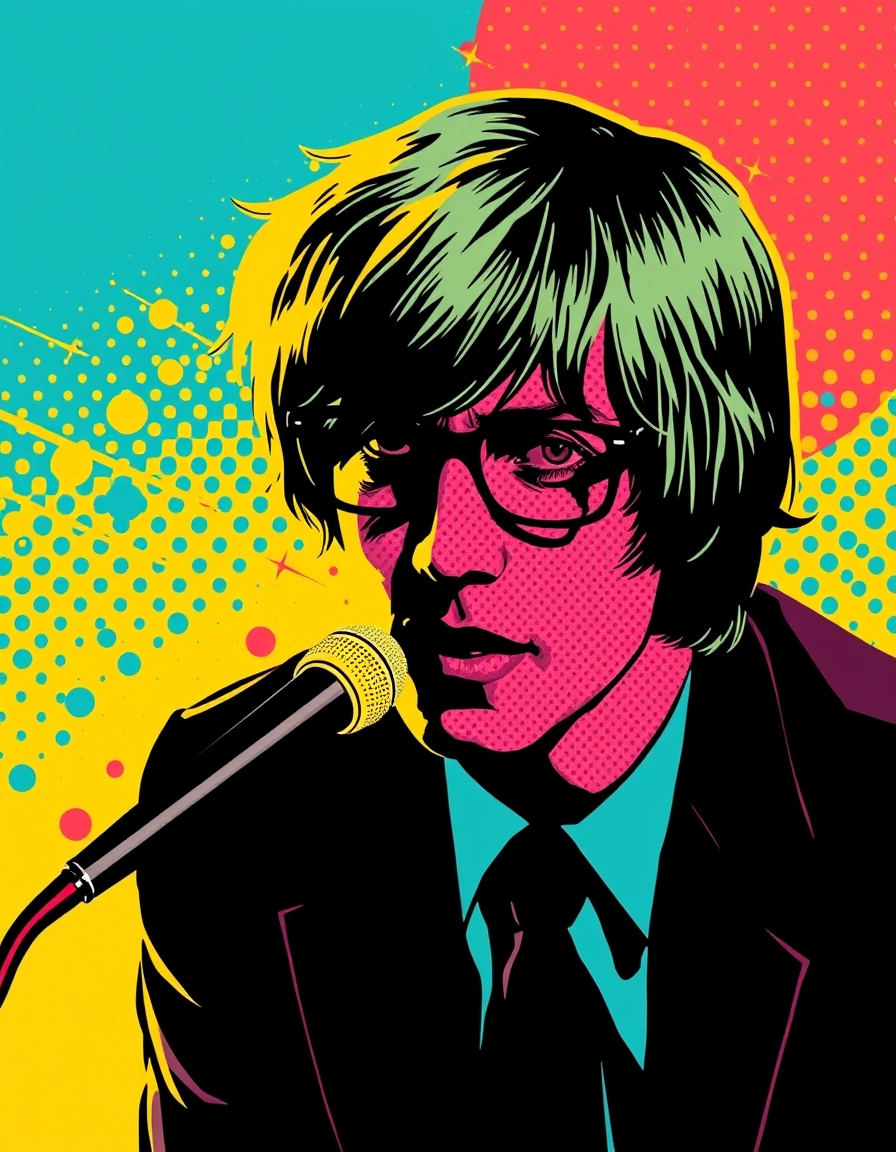 Pop Art idea: pop art style, bold flat colors, Ben-Day dots, comic-book half-tone, high-contrast subject, Steven hawking , inspired by Warhol and Lichtenstein, pop-