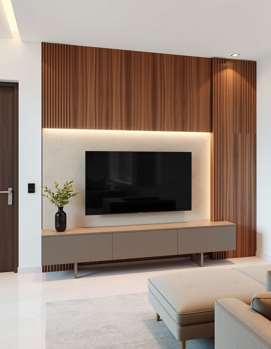 AI Painting prompt example created from the prompt: Contemporary2026 TV wall design for a 3m wide by3m high plain white wall. Create a refined asymmetrical media wall with warm natural walnut
