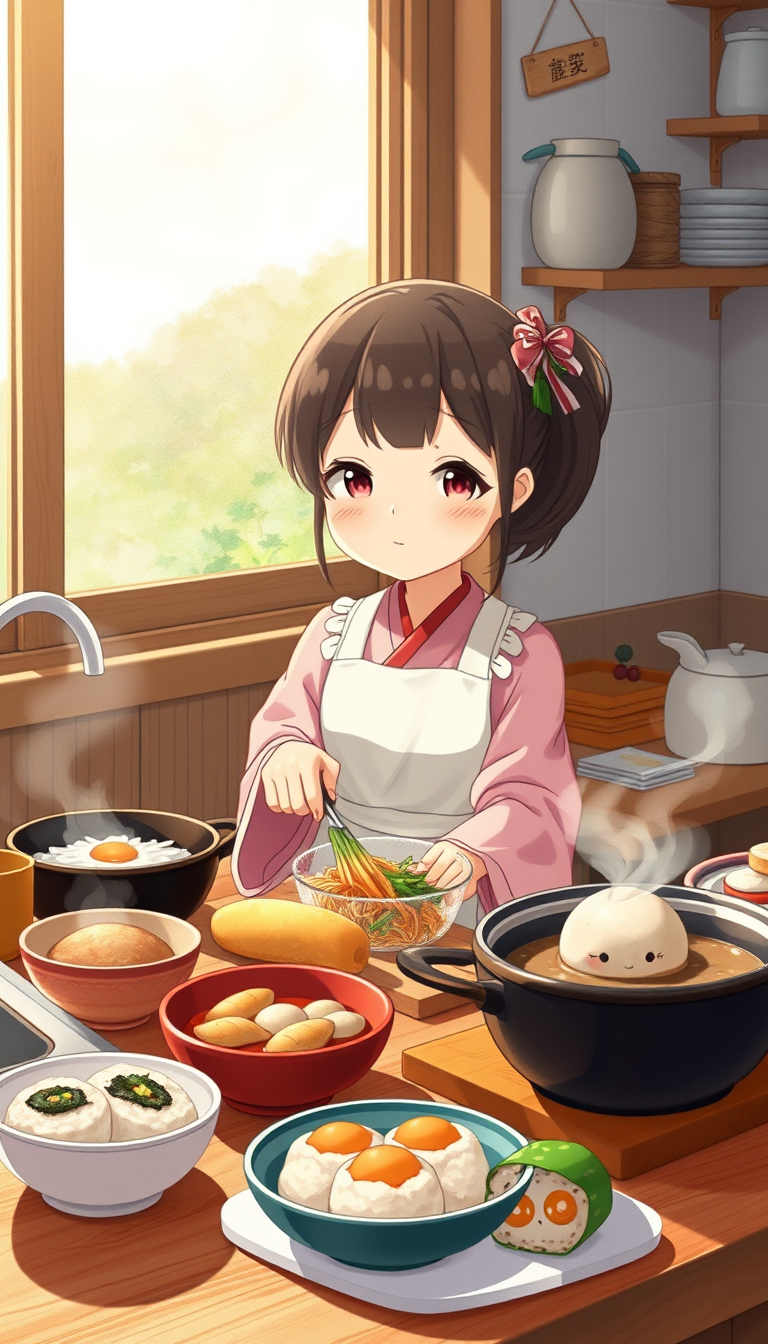 Ghibli idea: Studio Ghibli inspired painting, painterly watercolor backgrounds, soft warm palette, gentle character design, Cute anime girl in a beautiful Japanese