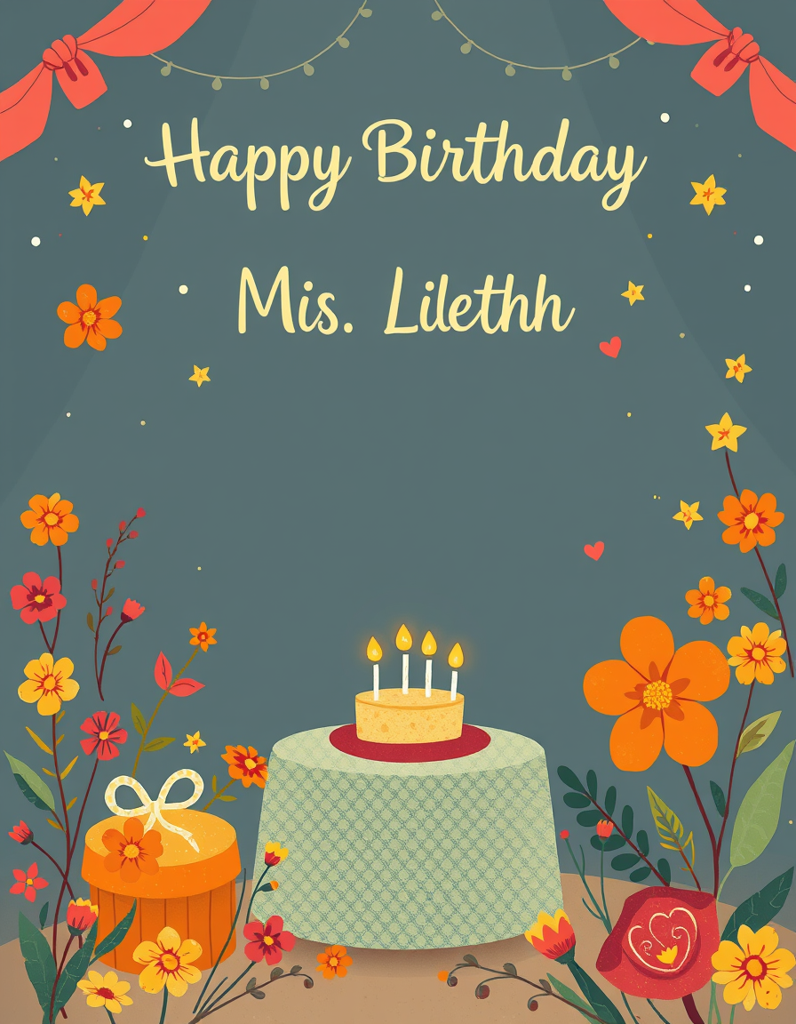 Greeting Cards idea: greeting card design, warm illustration, space for message, Make a Birthday greeting card to "Ms. Lileth" make it cheerfull , printable greeting card