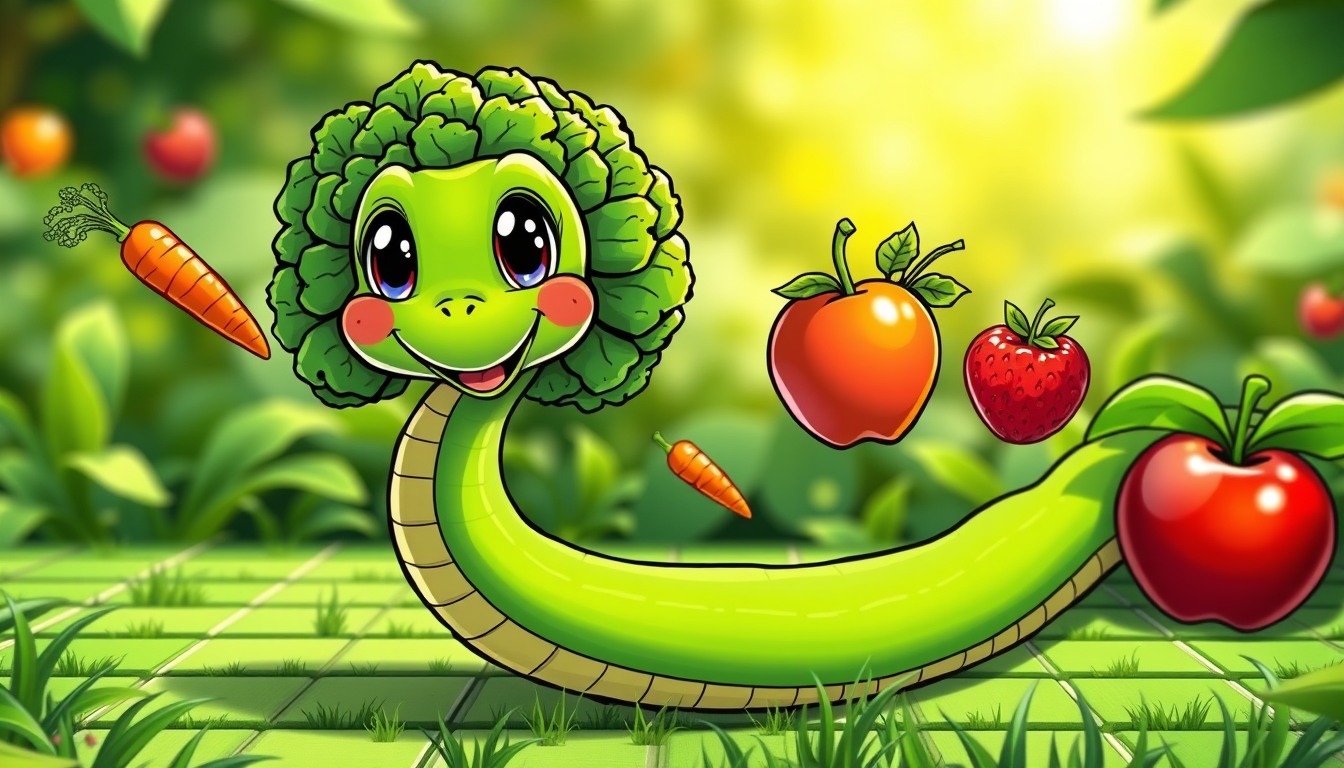 Comic Art idea: comic art, bold ink lines, halftone shading, dynamic composition, 3D cartoon game banne, Arcade style. A green snake with big glossy eyes, rosy cheeks