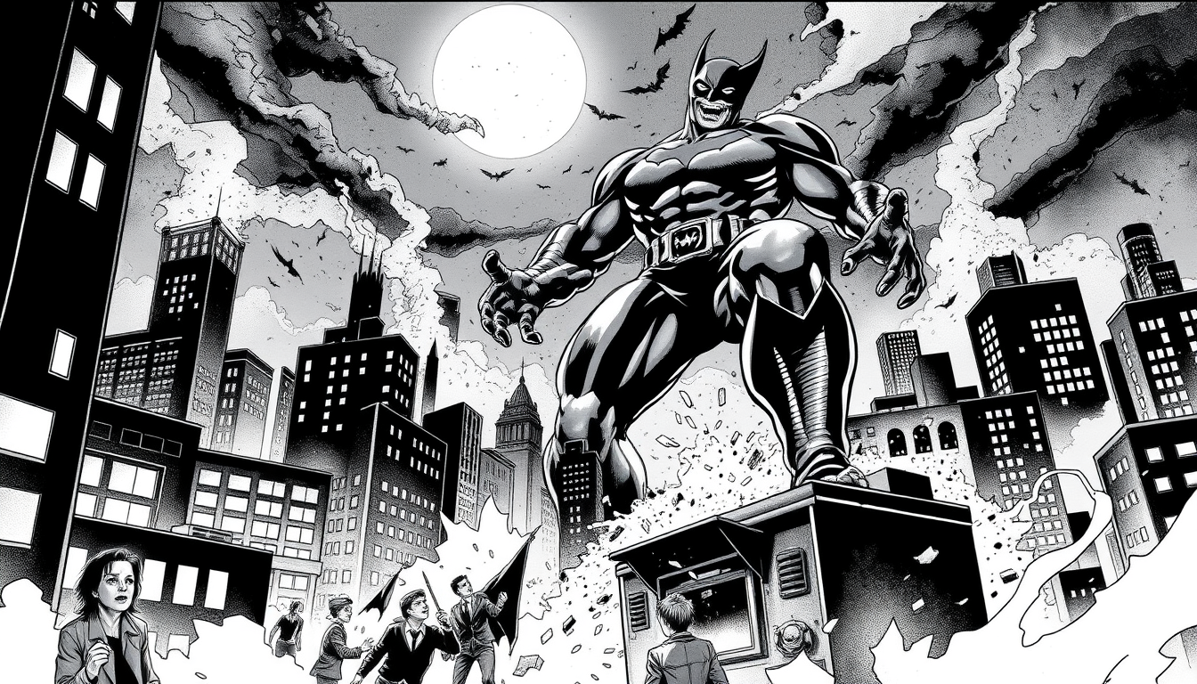 Comic Art idea: comic art, bold ink lines, halftone shading, dynamic composition, Nightwing is a giant. He is in a city. He is destroying the city stomping on buildin