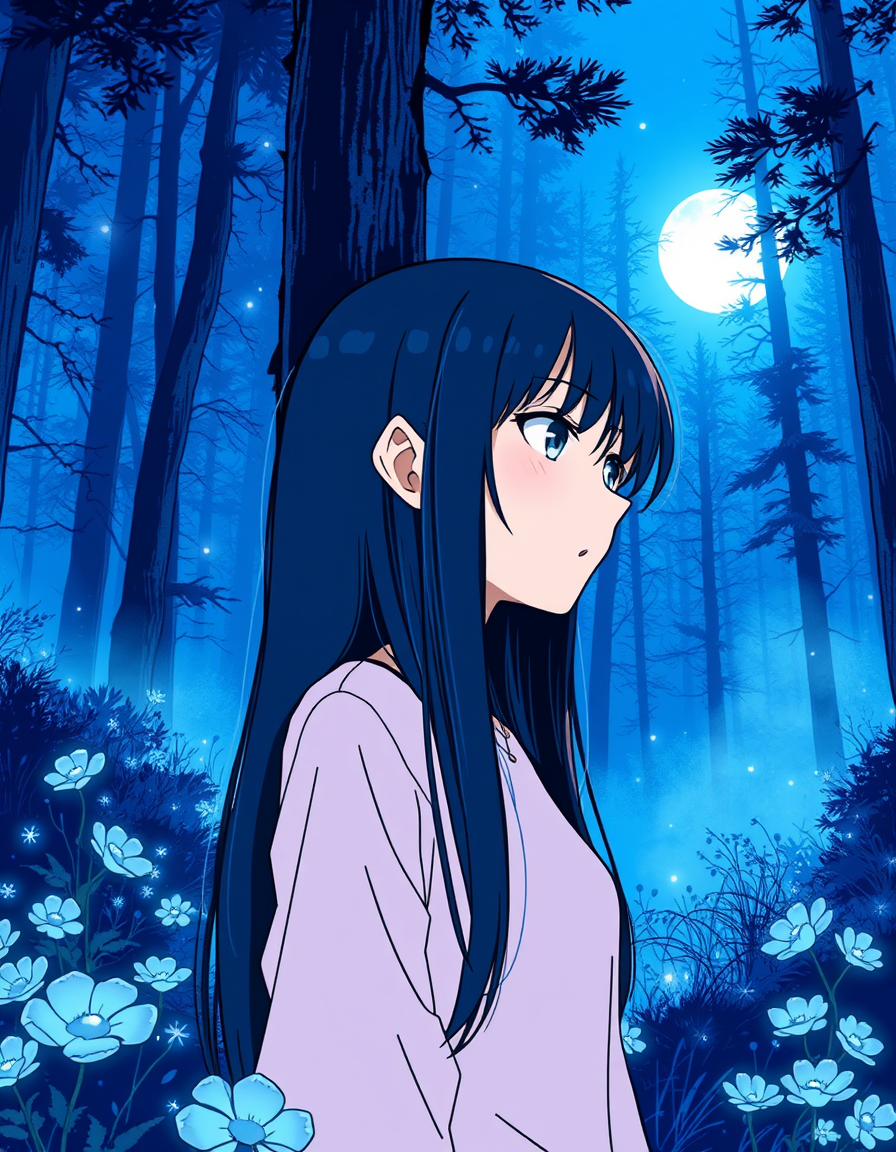 Comic Art idea: comic art, bold ink lines, halftone shading, dynamic composition, The same Aira, exactly the same face and long straight black hair, standing alone in