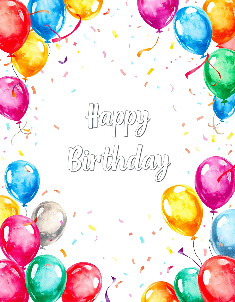 Birthday Cards idea: birthday card design, cheerful festive artwork, space for greeting, colorful balloons and confetti, watercolor style, bright and festive , printable b