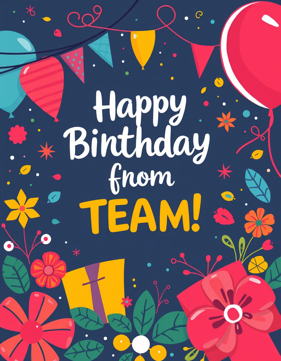 Birthday Card idea created from the prompt: birthday card design, cheerful festive artwork, space for greeting, Best wishes from Team AFFWA (L) ATS , printable birthday card