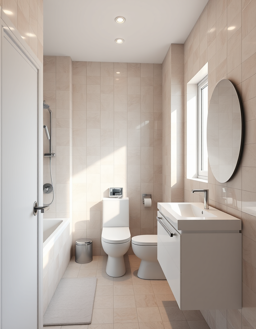 Bathroom Design idea: AI bathroom design, tiled surfaces vanity and fixtures, photorealistic interior render, Haz un cuarto de baño de 2, 4 de ancho y 4 de largo donde al f
