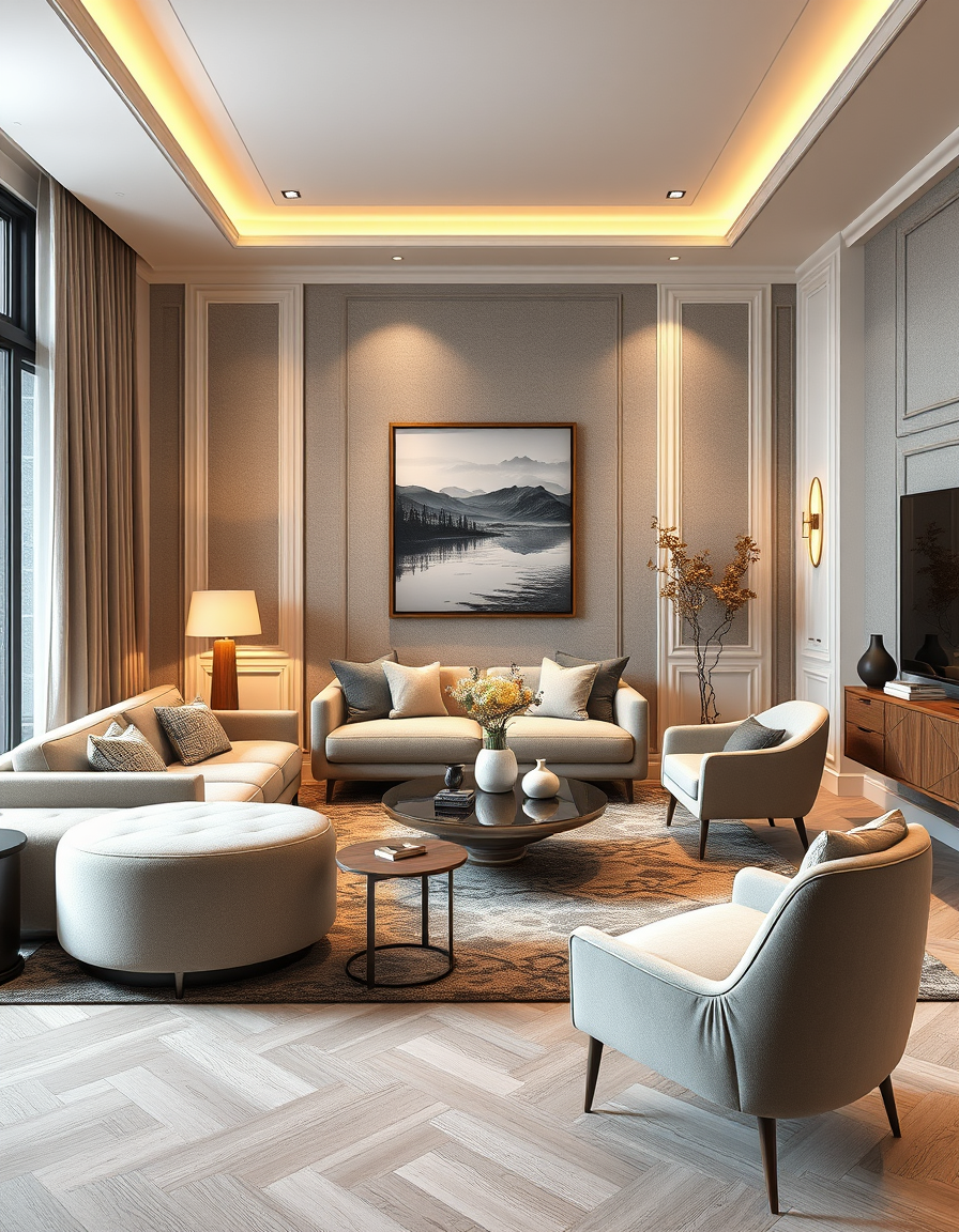 Interior Design idea: AI interior design, cohesive furniture layout decor and lighting, photorealistic interior render, appartement art deco salon 15M2 et verriere avec can