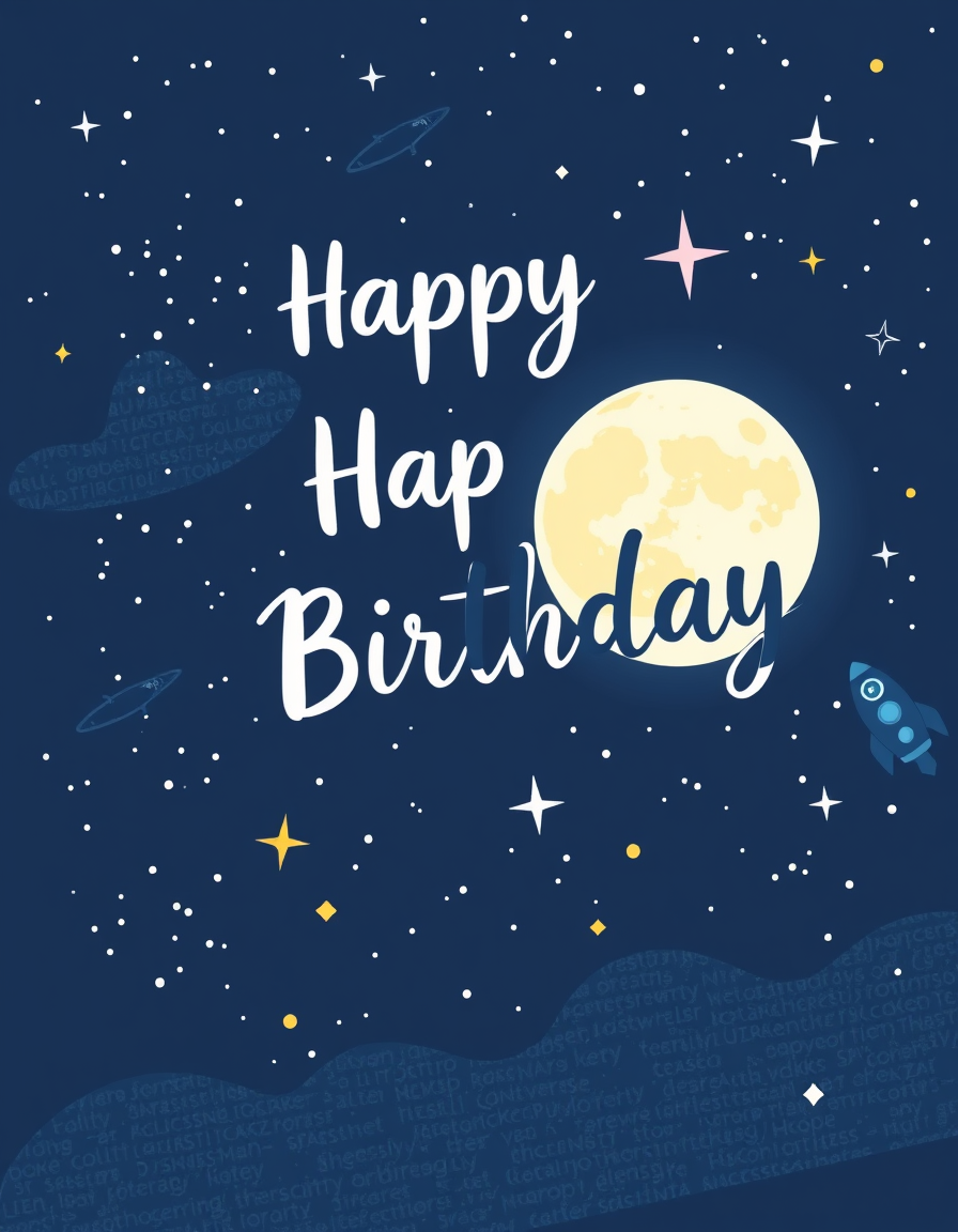 Birthday Cards idea: birthday card design, cheerful festive artwork, space for greeting, starry night sky with sparkles and a big glowing moon , printable birthday card