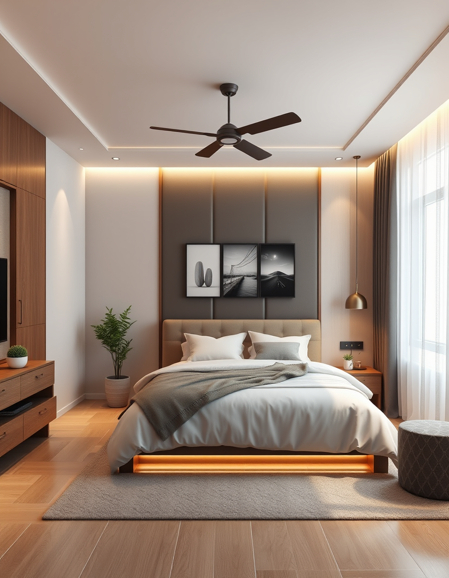 Bedroom Design idea: AI bedroom design, bed layout decor and lighting, photorealistic interior render, صمم لي هاذه الغرفة بحيث تكون لدراسة فقط دون اي مشتات وبلون فتيغىا لا