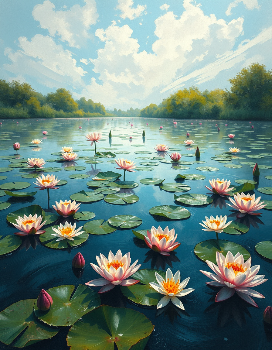 Main painting studio: flores del loto flotando en un lago al atadecer, estilo impresionista