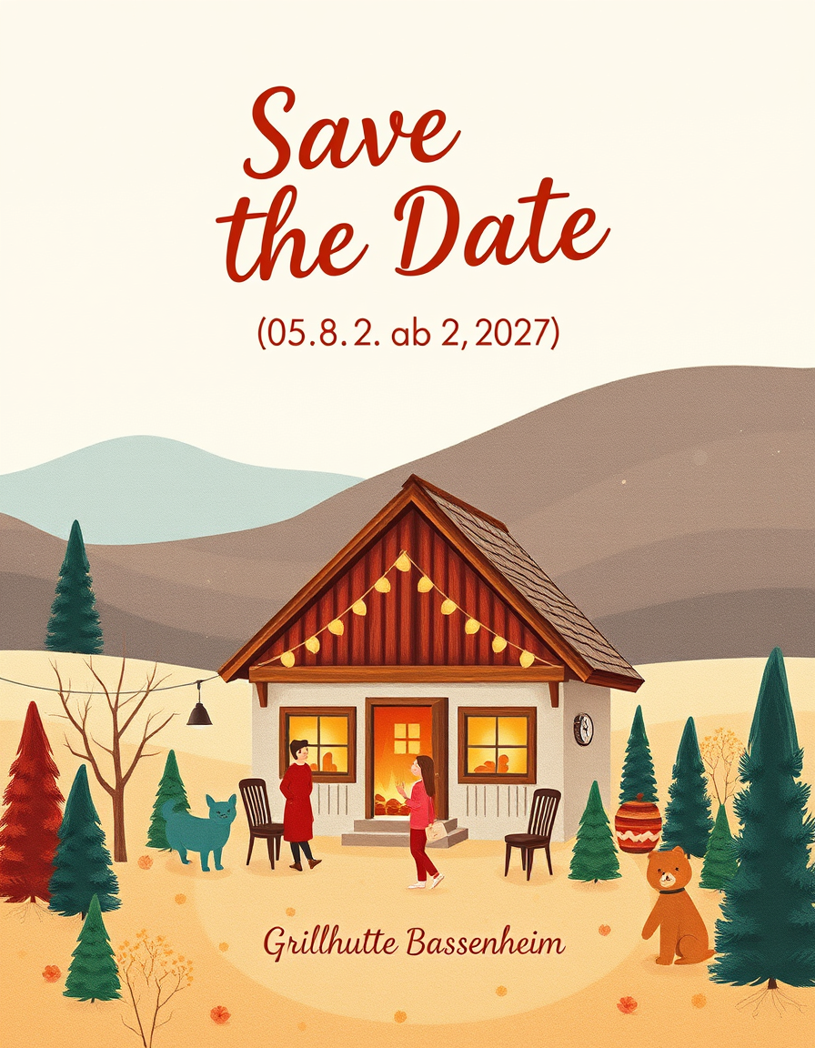 Greeting Cards idea: greeting card design, warm illustration, space for message, Save The Date 05.02.2027 ab 18:00 Uhr Grillhütte Bassenheim , printable greeting card