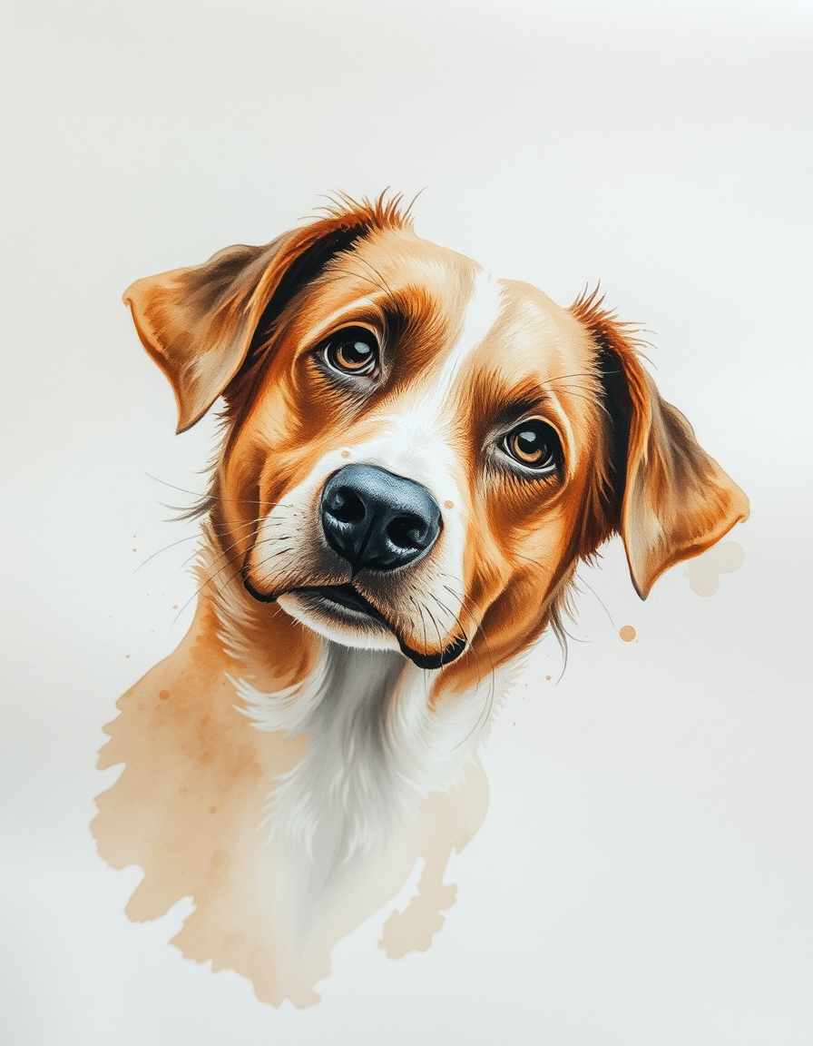 Picture Into Watercolor idea: turn picture into watercolor, transparent washes, paper texture, soft pigment edges, A dog portrait picture into watercolor, gentle eyes, soft brown p