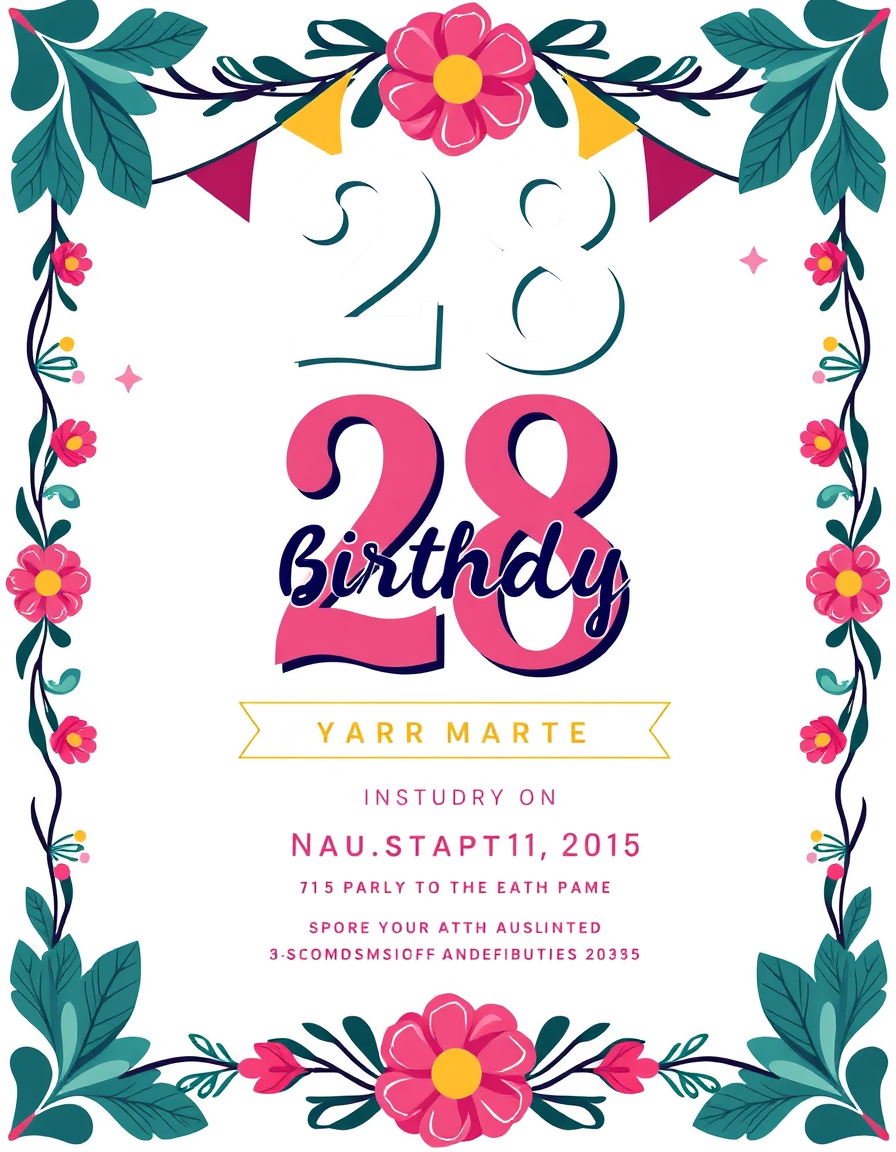 Invitation idea: party invitation design, festive layout, decorative border, space for event details, A 28 birthday party , printable invitation