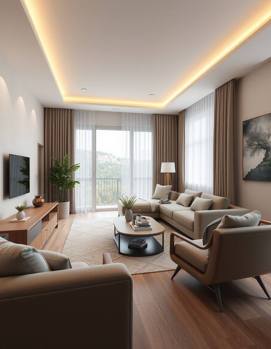 Room Design idea: AI room design, full room layout furniture and lighting, photorealistic interior render, Österreichische Frau, 43 Jahre, 162 groß, 66 Kilo, brünett, l