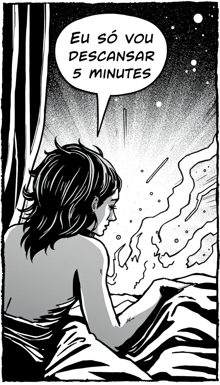 Comic Art idea: comic art, bold ink lines, halftone shading, dynamic composition, “Eu só vou descansar 5 minutos” — corta para 3 horas depois. , graphic novel illustr