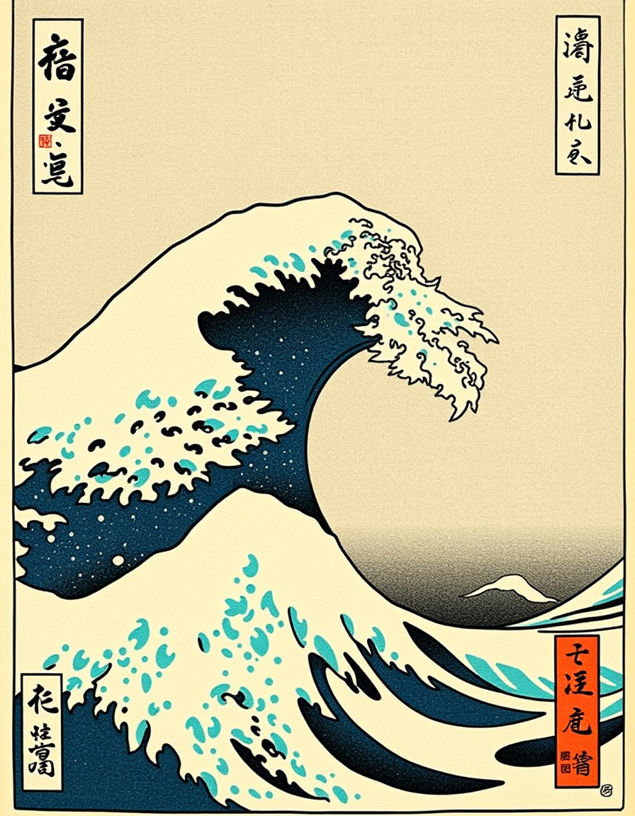 Ukiyo E idea: ukiyo-e woodblock print, flat color planes, bold black outline, traditional Japanese print, 猫 , inspired by Hokusai and Hiroshige, edo-period woodbloc