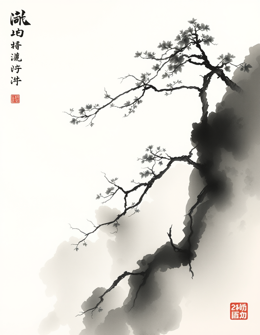 Ink Paintings idea: ink painting, sumi-e, Chinese brush painting, minimalist brushwork, 柿叶翻红霜景秋，碧天如水倚红楼 , traditional East Asian ink wash painting