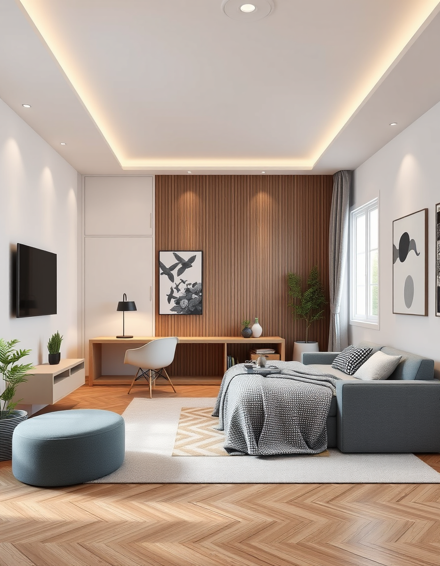 Room Design idea: AI room design, full room layout furniture and lighting, photorealistic interior render, Decore moi une chambre vide avec les dimmensions suivantes 3m