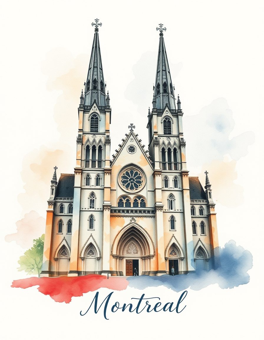 Picture Into Watercolor idea: turn picture into watercolor, transparent washes, paper texture, soft pigment edges, crear un poster con la Basilica Notre-Dame de Montreal, Canada en