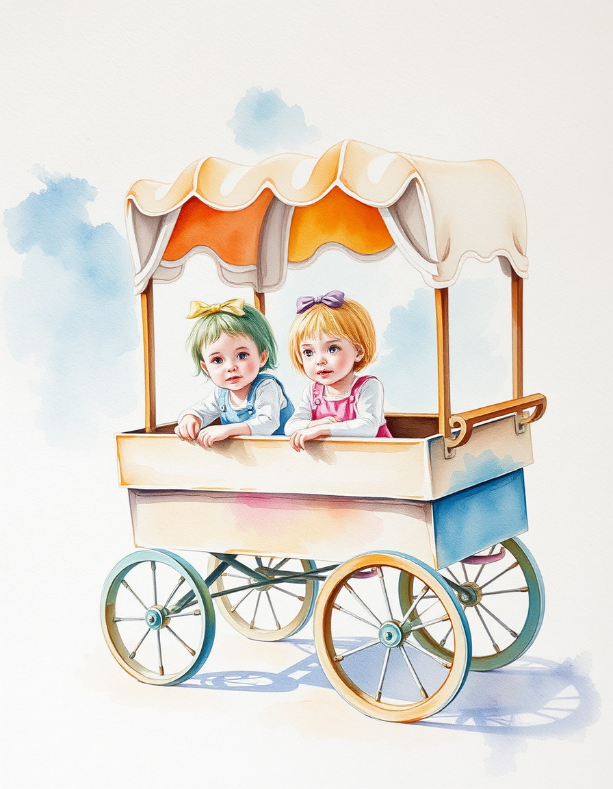 Picture Into Watercolor idea: turn picture into watercolor, transparent washes, paper texture, soft pigment edges, Kinder in einem Bollerwagen , delicate watercolor painting, lumin
