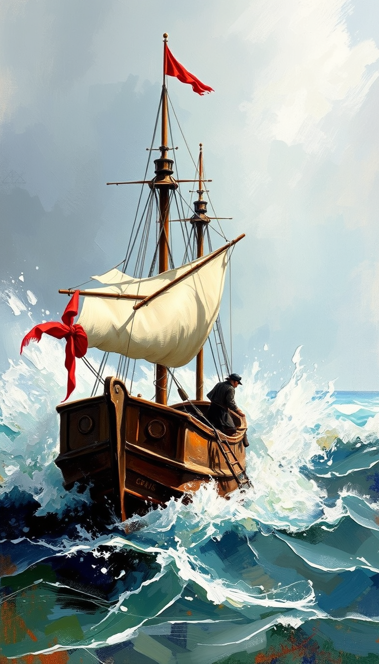 Turn Photo Into Paintings idea: painting from the photo, expressive brushwork, painterly rendering, Veliero pirata nel mare in tempesta , framed fine-art painting