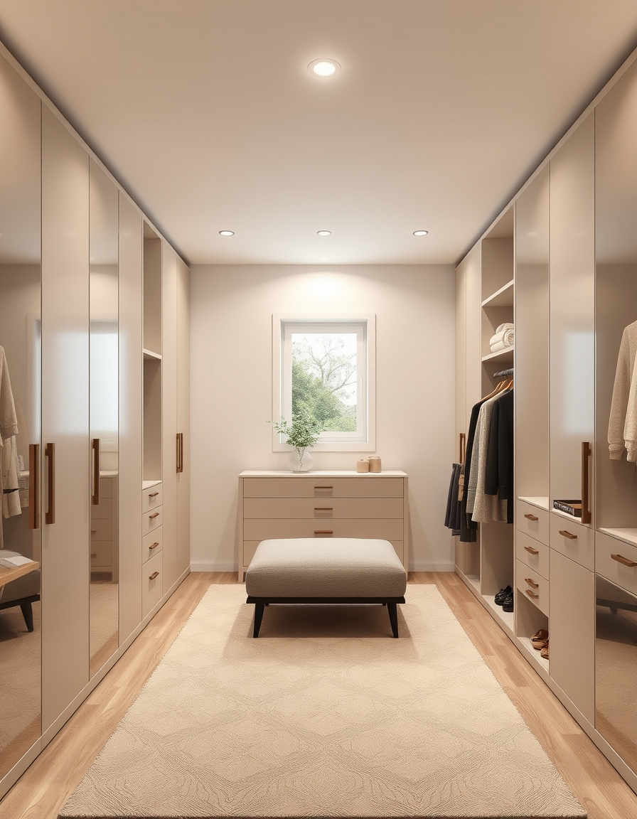 Room Design idea: AI room design, full room layout furniture and lighting, photorealistic interior render, Walk-in closet 190 cm wide × 284 cm long. Entrance centered o